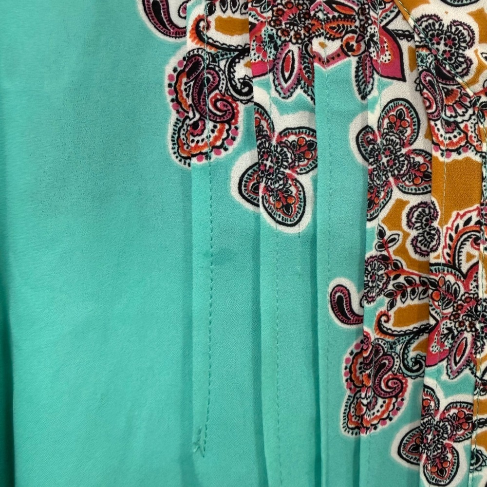 Rose + Olive Womens 2X Teal Orange Paisley Floral Boho Pintuck Blouse Top - Picture 2 of 8